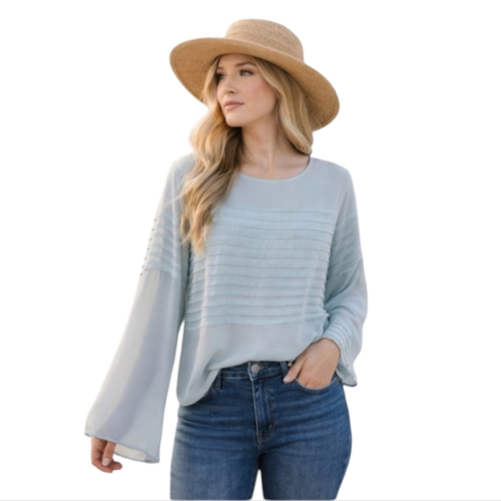 Vince Camuto Long Sleeve Chiffon Semi Sheer Blouse Top Blue Mist Sz M $99